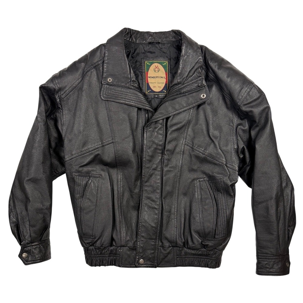 Members Only 90's Mens Black Genuine Leather Bomber Jacket Vintage Size Medium